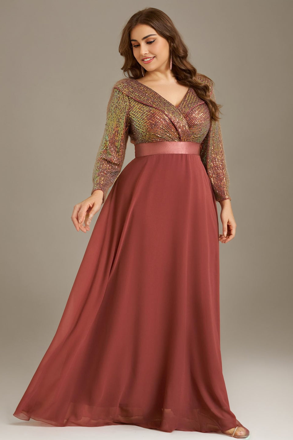 Curveins Plus Size V-Neck Long Sleeve Glitter Patchwork Waist-Fitted Maxi Dress