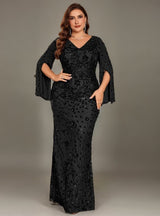 Curveins Plus Size V-Neck Long Sleeves Sequin Floral Bodycon Maxi Dress