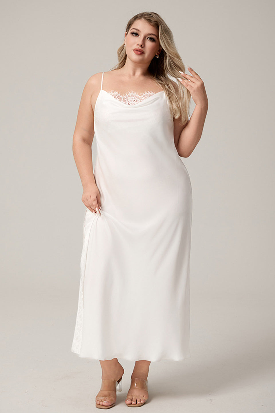 Curveins Plus Size Trimmed Lace High-Slit Spaghetti Strap Dress, Chic Elegant Nightwear