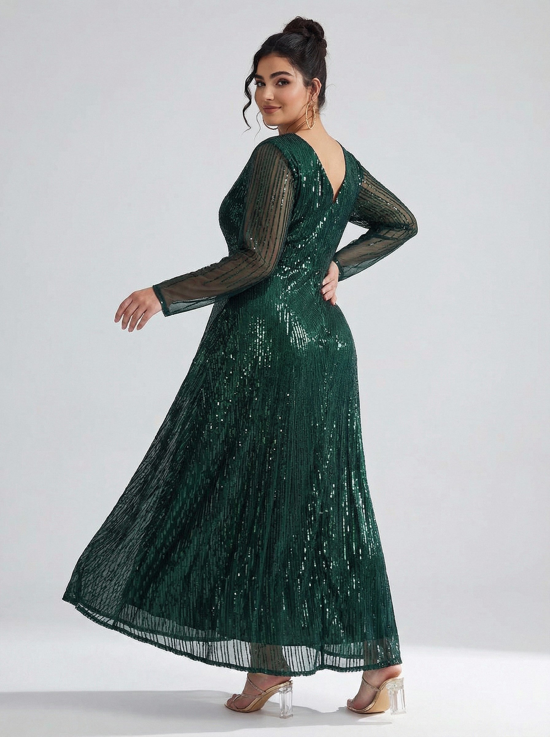 Curveins Plus Size V Neck Long Sleeve Sequin Maxi Dress