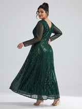 Curveins Plus Size V Neck Long Sleeve Sequin Maxi Dress