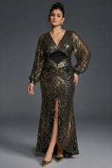 Curveins Plus Size Elegant V-Neck Sequin Lantern Sleeve Long Dress
