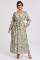 Curveins Plus Size V Neck Long Sleeve Floral Print Velvet Waist Tie Maxi Dress