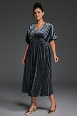 Curveins Plus Size V-Neck Batwing Sleeve Pleated A-Line Velvet Midi Dress
