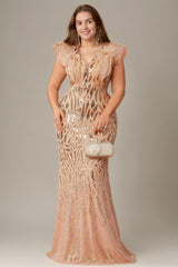 Curveins Elegant Curve Hugging V Neck Sleeveless Sequin Evening Gown