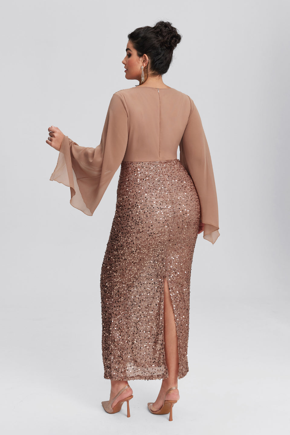 Curveins Plus Size Hem Sequin Asymmetrical Sleeve V-neck Maxi Dress