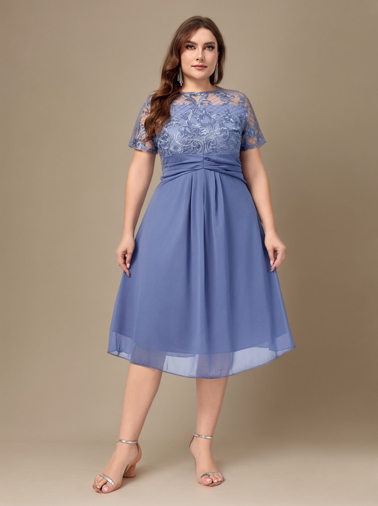 Curveins Plus Size Round Neck Lace Panel Chiffon Midi Dress