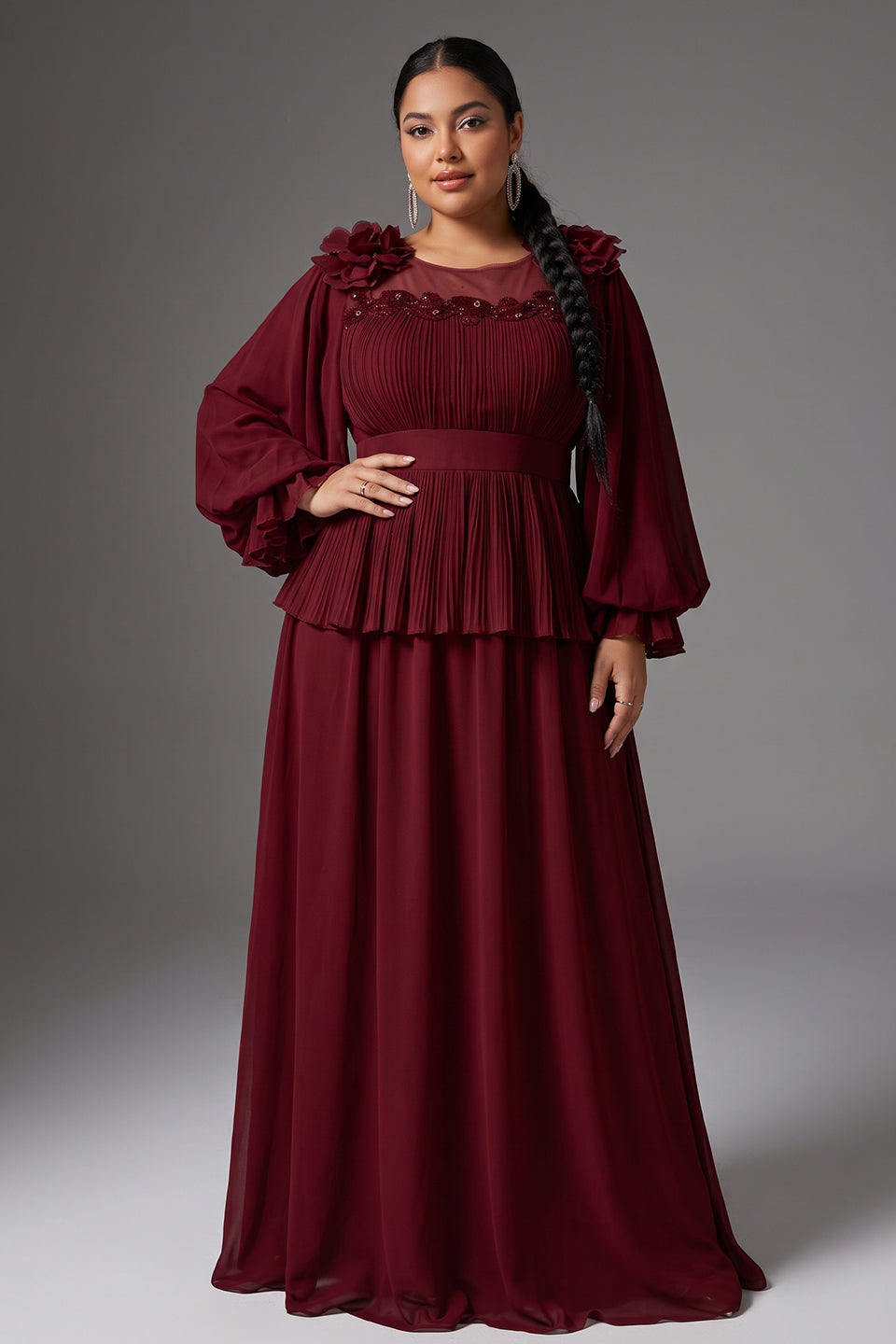 Curveins Plus Size Crew Neck Puff Sleeve Faux Two Piece Panelled Maxi Dress