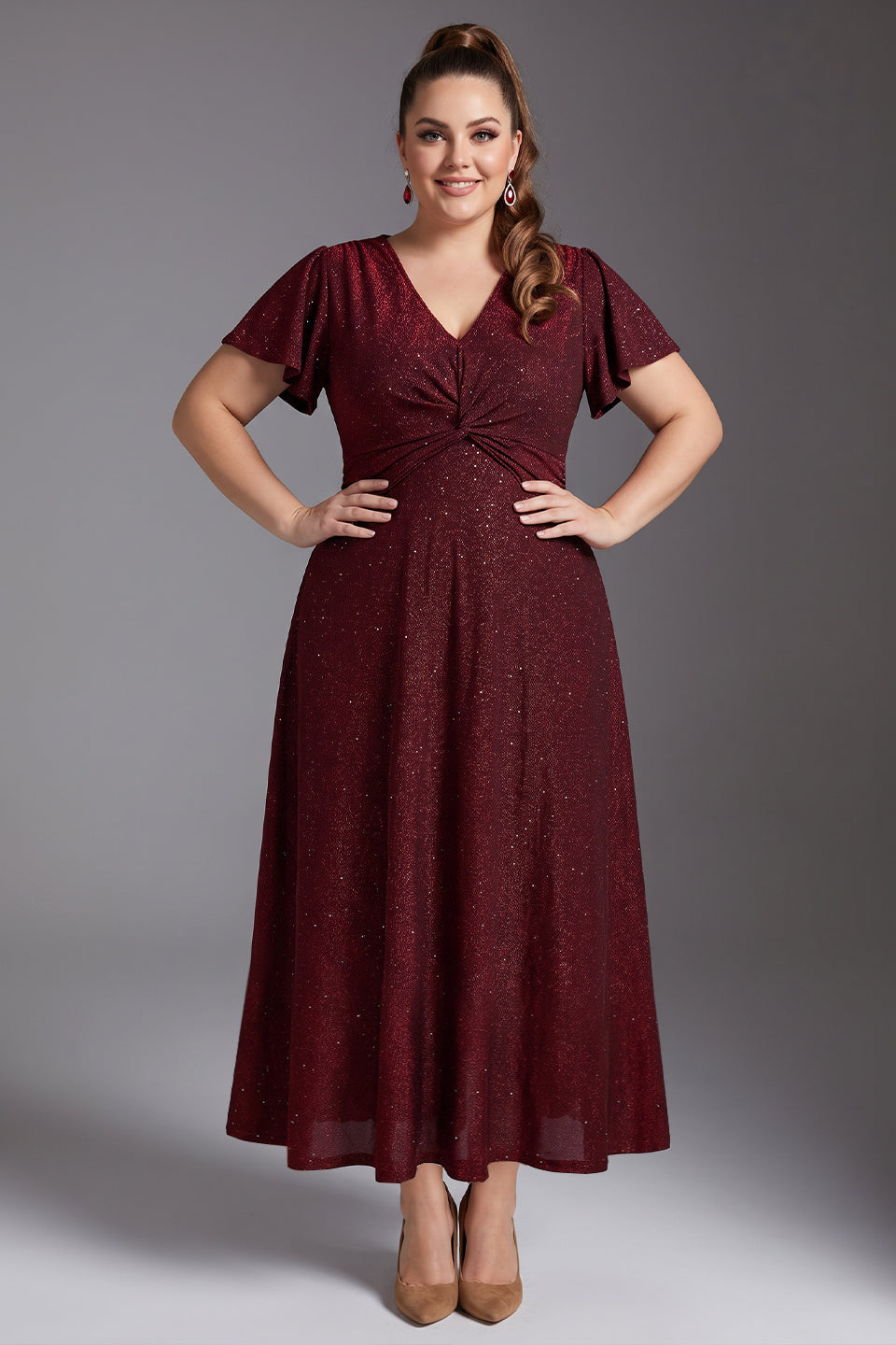Curveins Plus Size V Neck Short Sleeve Ruched Sparkling Flared Midi Dress