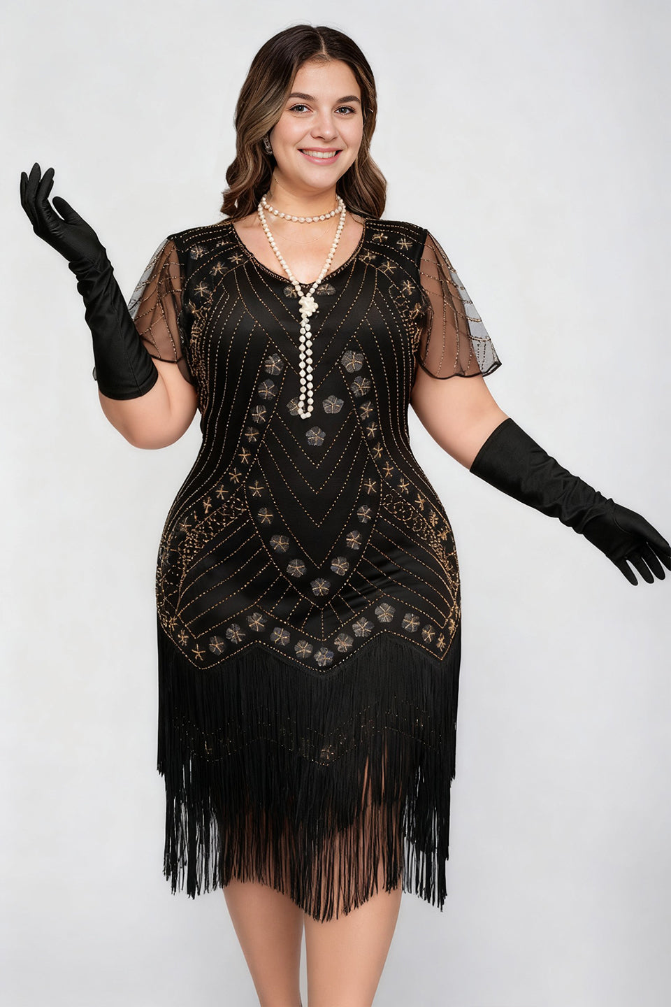 Curveins 1920s Black Stella Plus Size Sequin Fringe Flapper Gatsby Dress