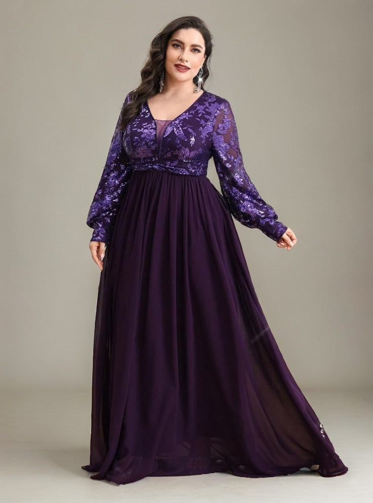 Curveins Plus Size V-Neck Sequin Floral Panel Maxi Dress