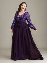 Curveins Plus Size V-Neck Sequin Floral Panel Maxi Dress