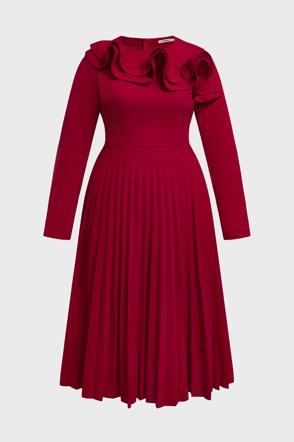 Curveins Plus Size Round-Neck Ruffled Long-Sleeve Elegant Pleated Maxi Dress