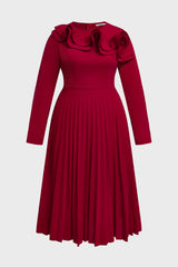 Curveins Plus Size Round-Neck Ruffled Long-Sleeve Elegant Pleated Maxi Dress