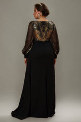 Curveins Plus Size Sequin-Panel Long Sleeve Waist-Defined Maxi Dress