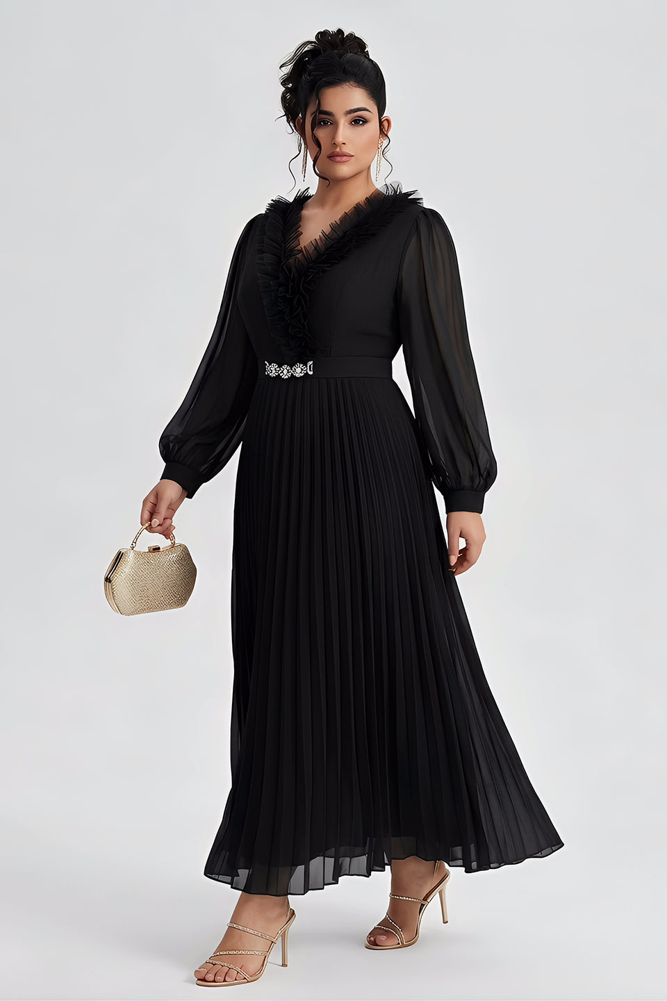 Curveins Plus Size Elegant Black V-Neck Pleated Maxi Dress with Crystal Belt
