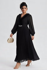 Curveins Plus Size Elegant Black V-Neck Pleated Maxi Dress with Crystal Belt