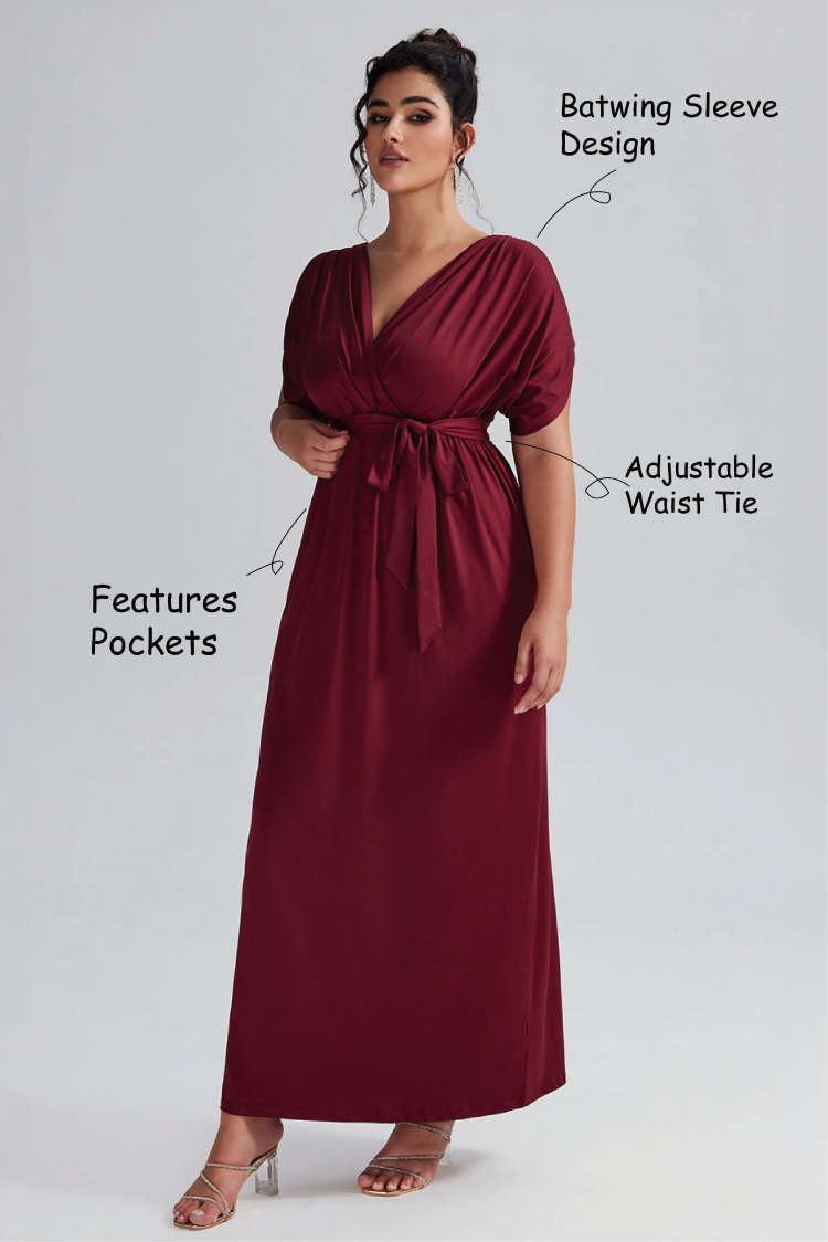 Curveins Plus Size Elastic Waist Shirred V-Neck Wrap Maxi Dress