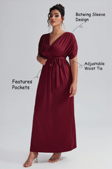Curveins Plus Size Elastic Waist Shirred V-Neck Wrap Maxi Dress