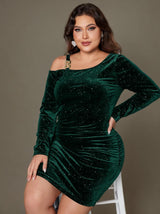 Curveins Plus Size Off Shoulder Solid Sequin Bodycon Midi Dress