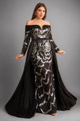 Curveins Plus Size Sparkling Sequin Off Shoulder Long Sleeve Elegant Party Maxi Dress