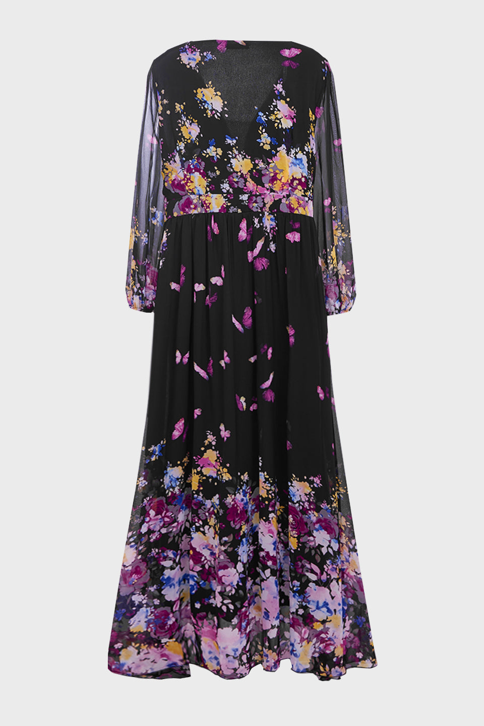 Curveins Plus Size V Neck Floral Long Sleeve Flowy Elegant Casual Maxi Dress