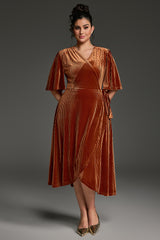 Curveins Plus Size Wrap V-Neck Belted Asymmetrical Hem Midi Dress