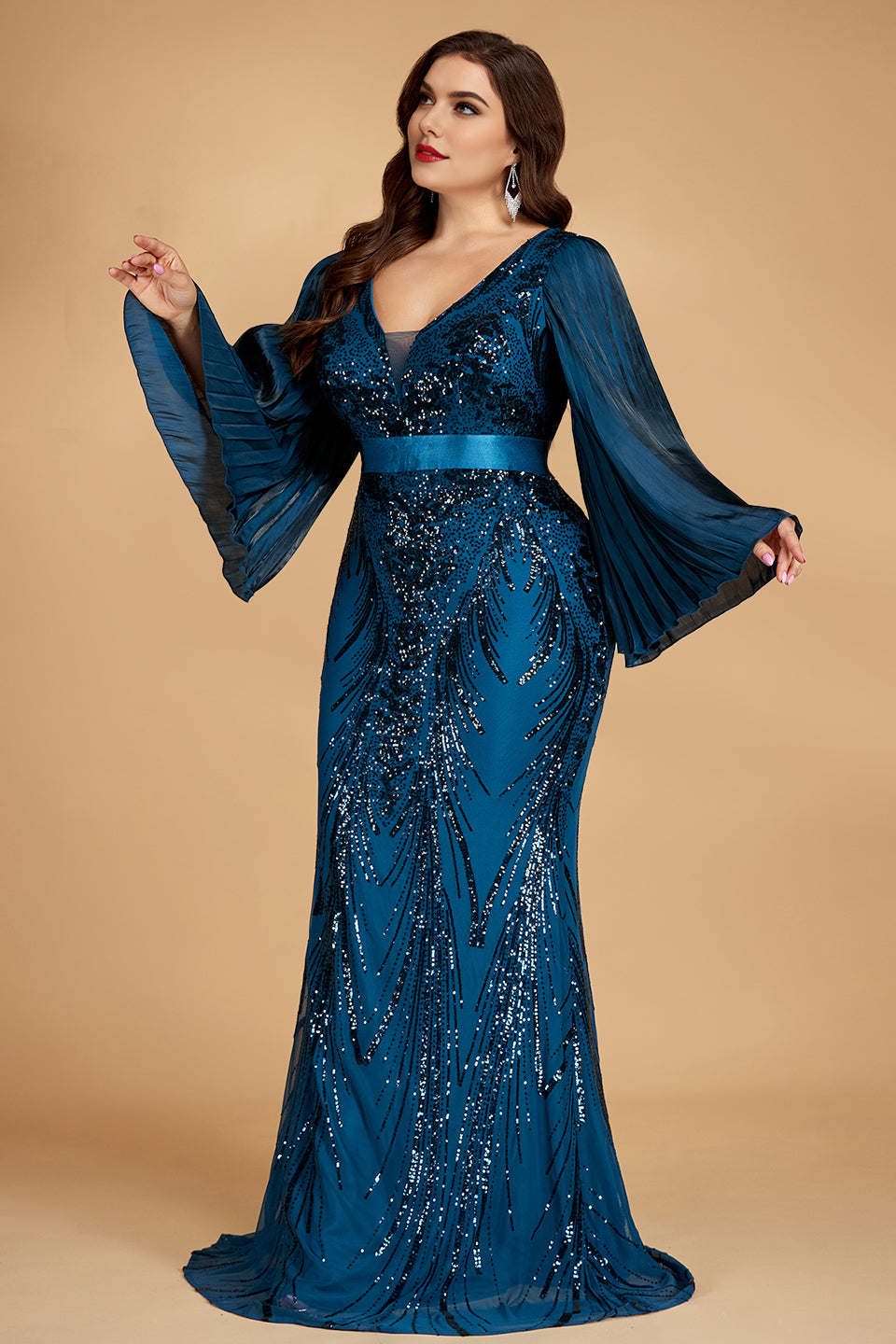 Curveins Plus Size V-Neck Flared Sleeve Shimmer Bodycon Maxi Dress