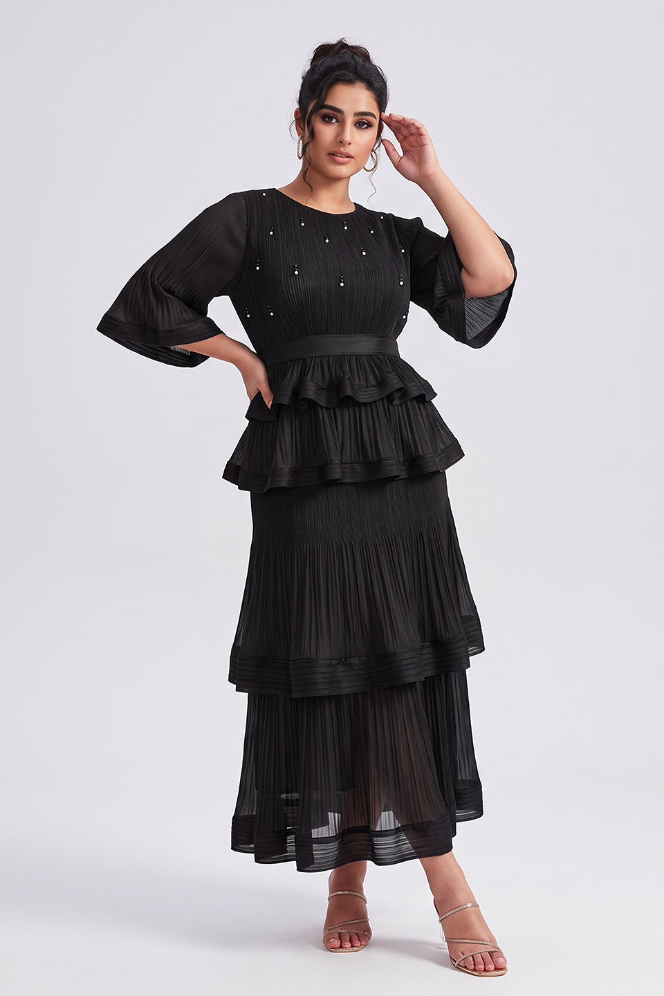 Curveins Plus Size Crew Neck Long Sleeve Ruffle Tiered Skirt Set