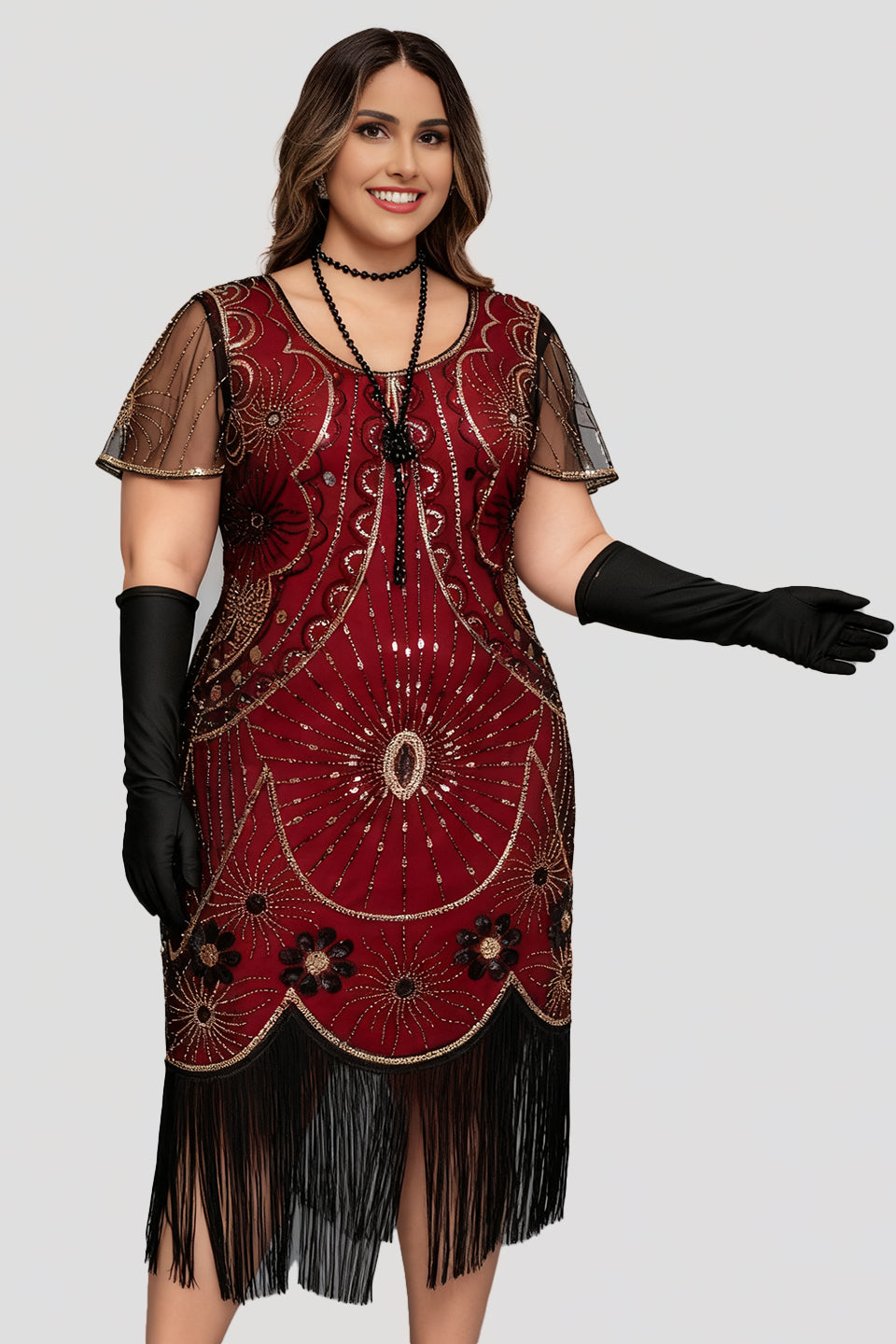 Curveins 1920s Black Daisy Plus Size Vintage Beaded Tassel Flapper Dress