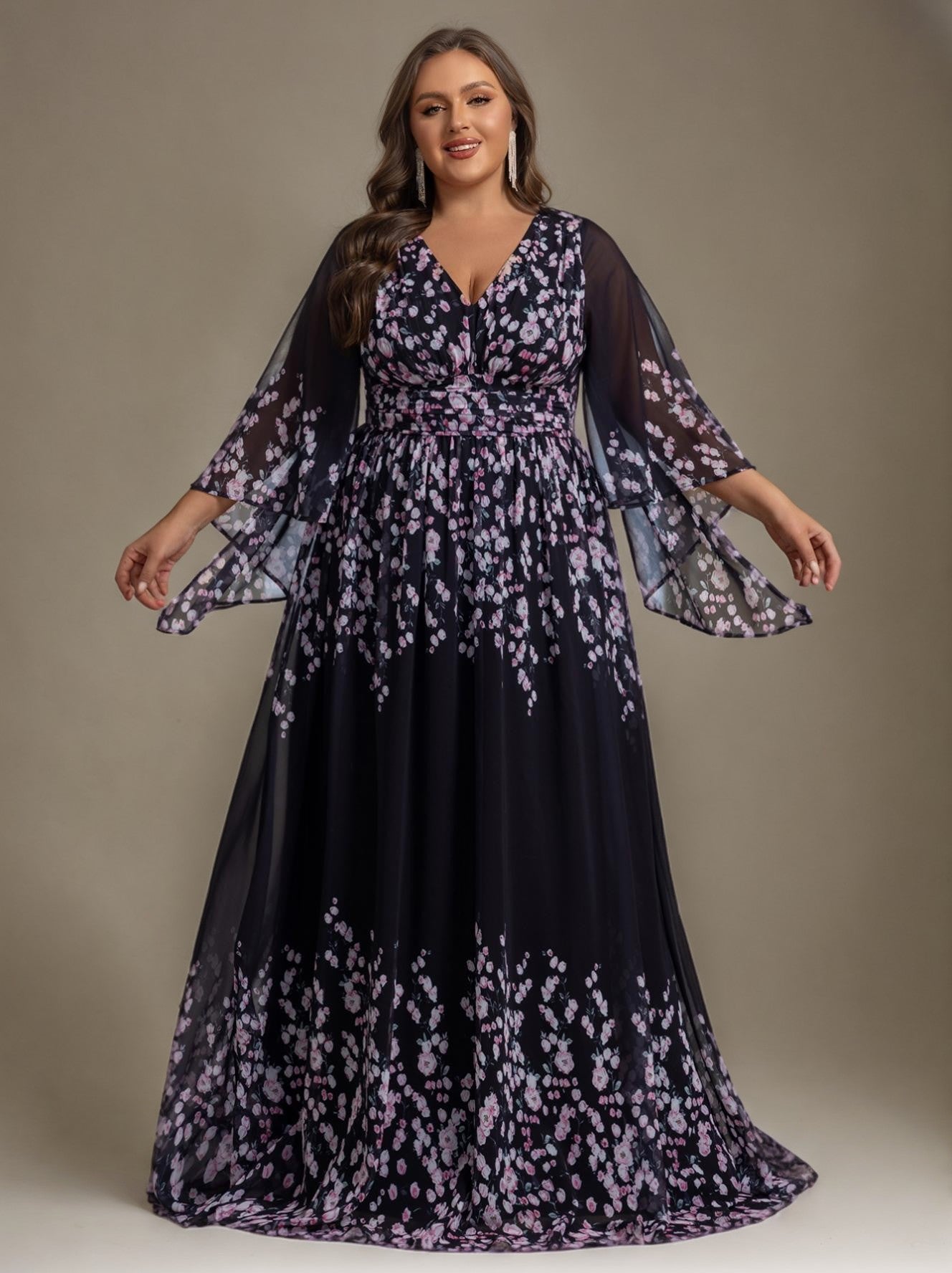 Curveins Elegant Plus Size V-Neck Batwing Sleeve Long Dress with Floral Print