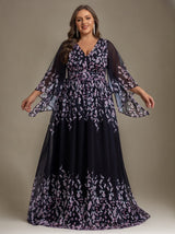 Curveins Elegant Plus Size V-Neck Batwing Sleeve Long Dress with Floral Print