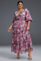Curveins Plus Size V-Neck Flower Print Pleated Maxi Dress