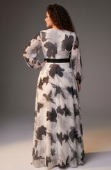 Curveins Plus Size V Neck Maple Leaf Print Long Sleeve Belted Maxi Dress