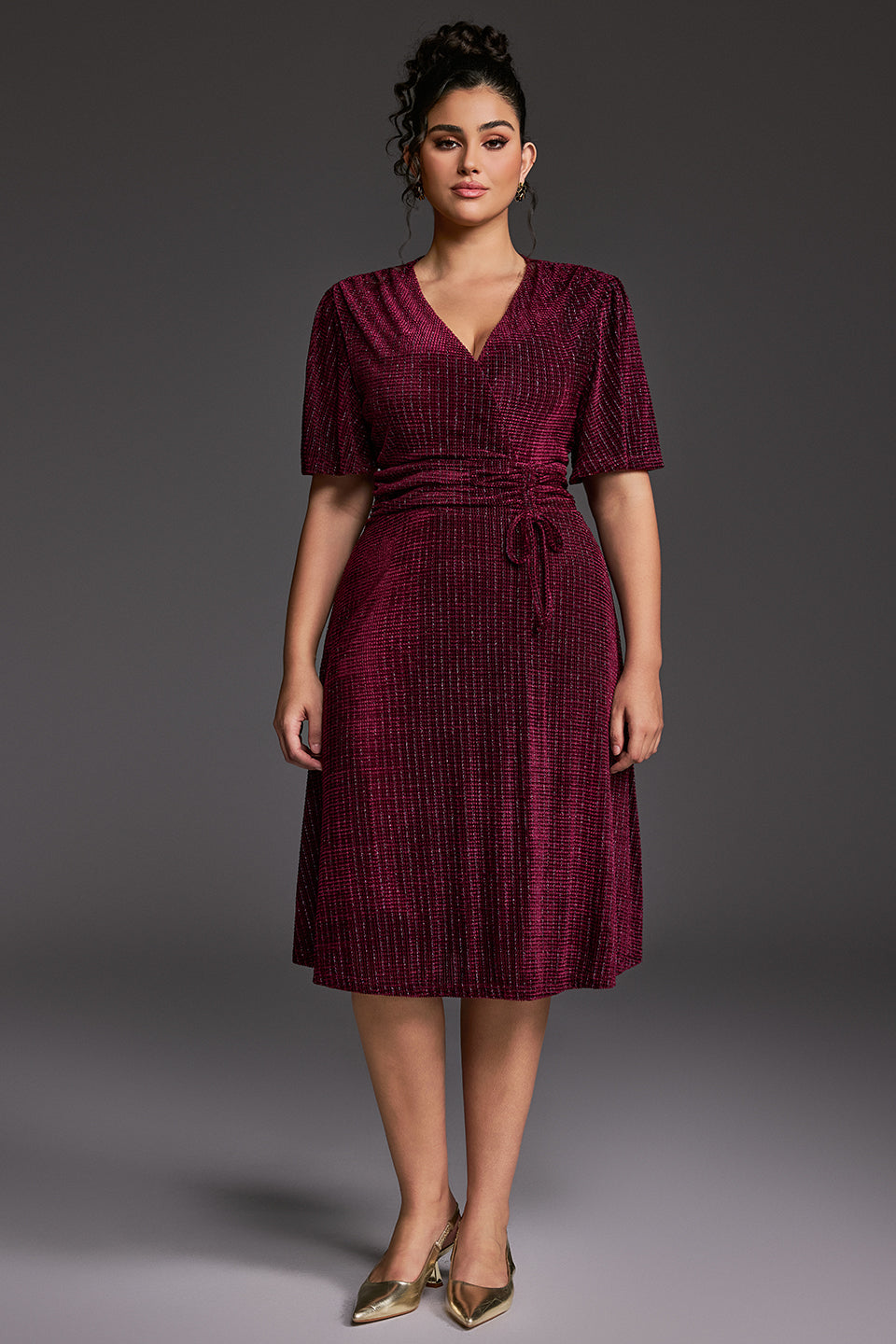 Curveins Plus Size V-Neck Short Sleeve Waist-Tie Velvet Midi Dress