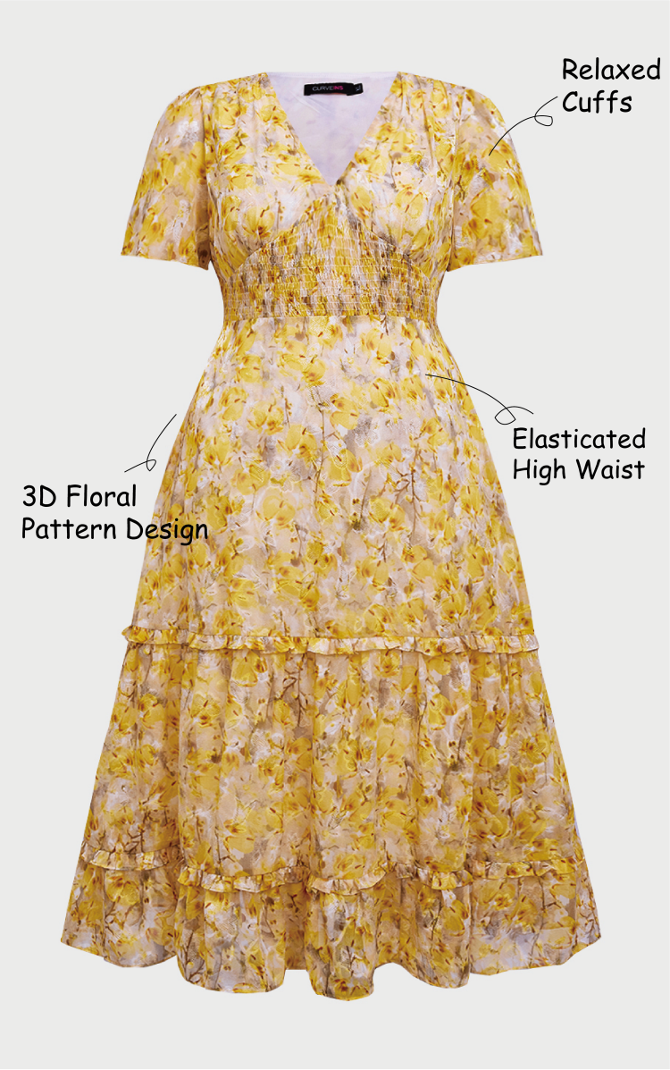 Curveins Plus Size V-Neck Floral Ruffle Sleeve Maxi Dress