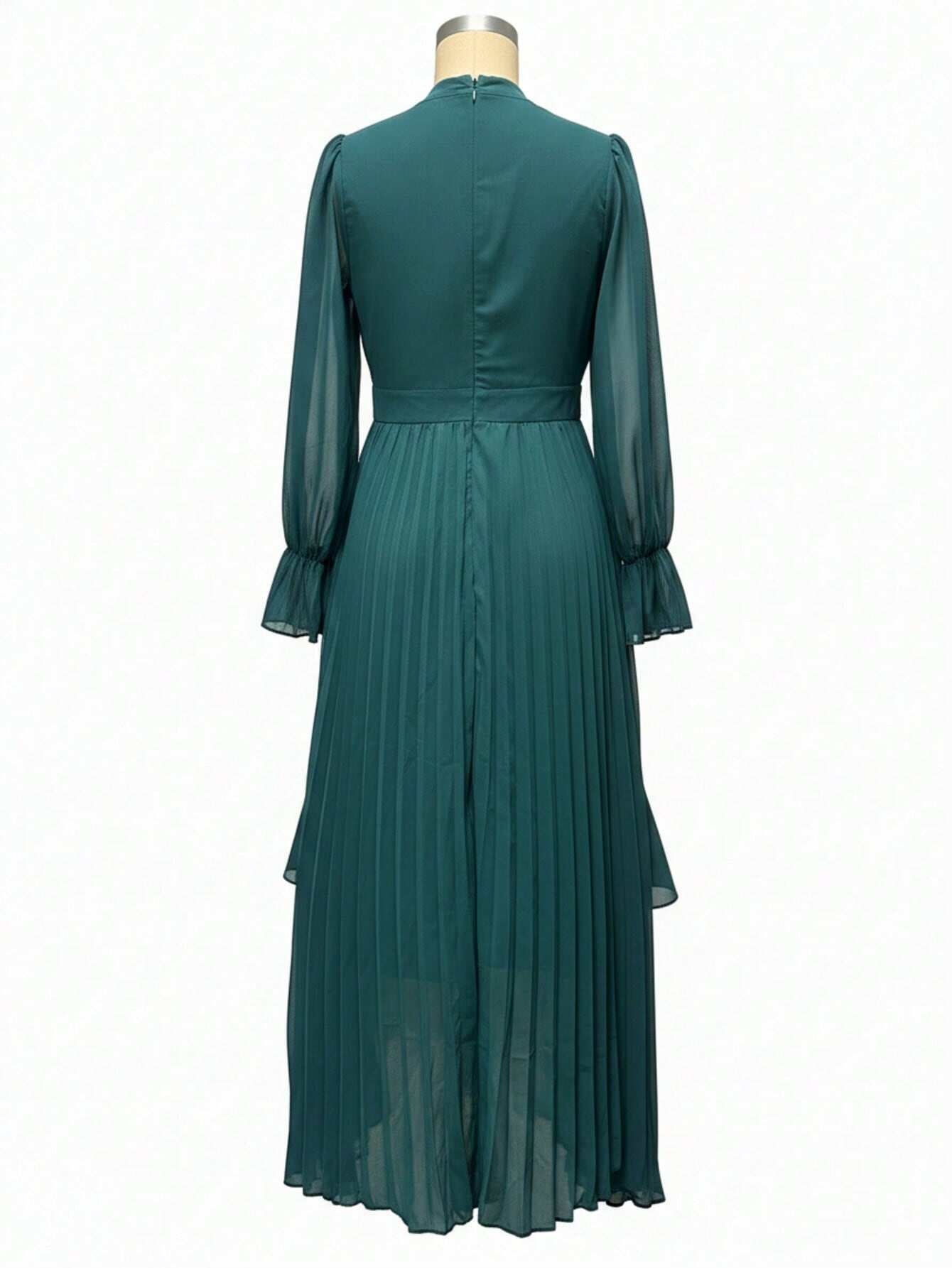 Curveins Plus Size Long Sleeve Ruffle Detail Pleated Asymmetrical Hem Midi Dress