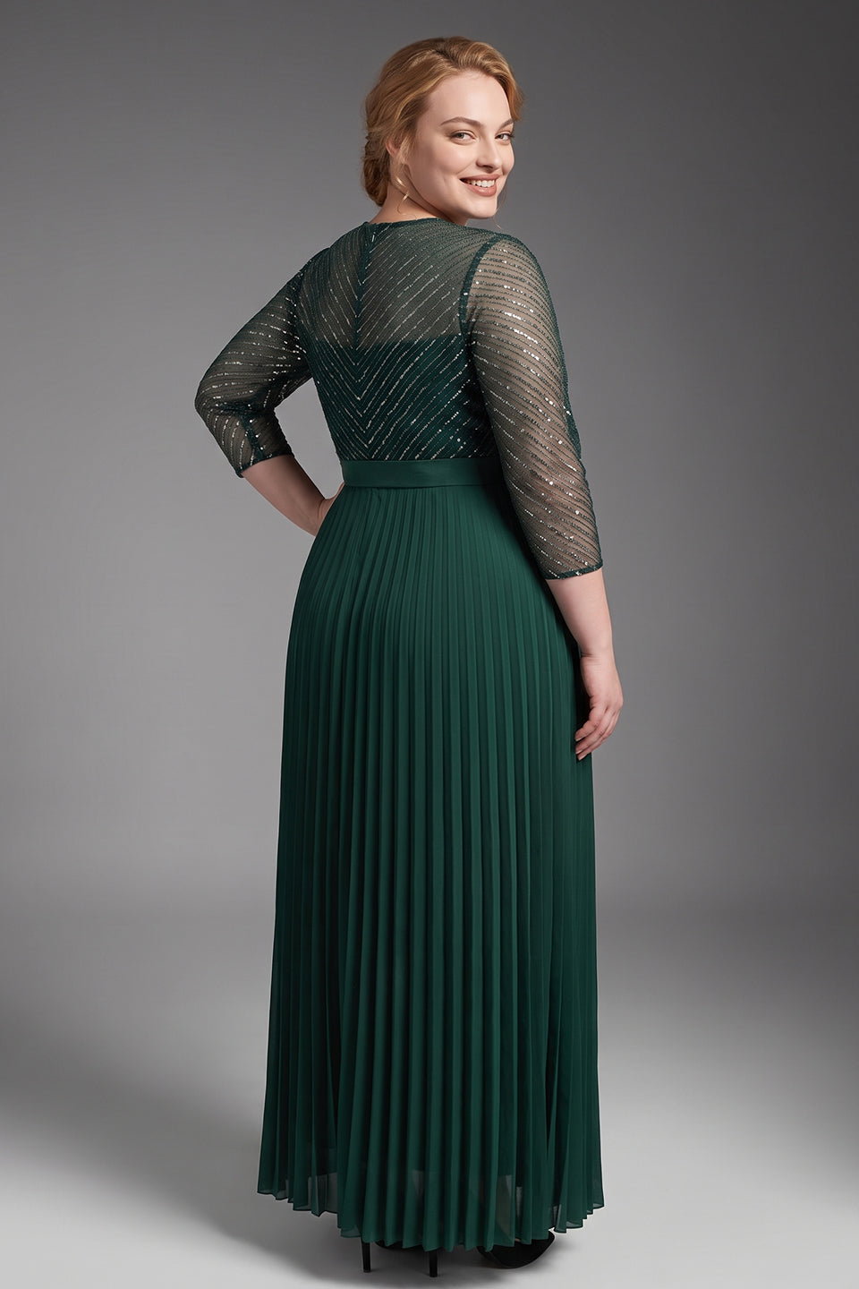 Curveins Plus Size Chic Round Neck Ruched Detail Long Sleeve Maxi Dress