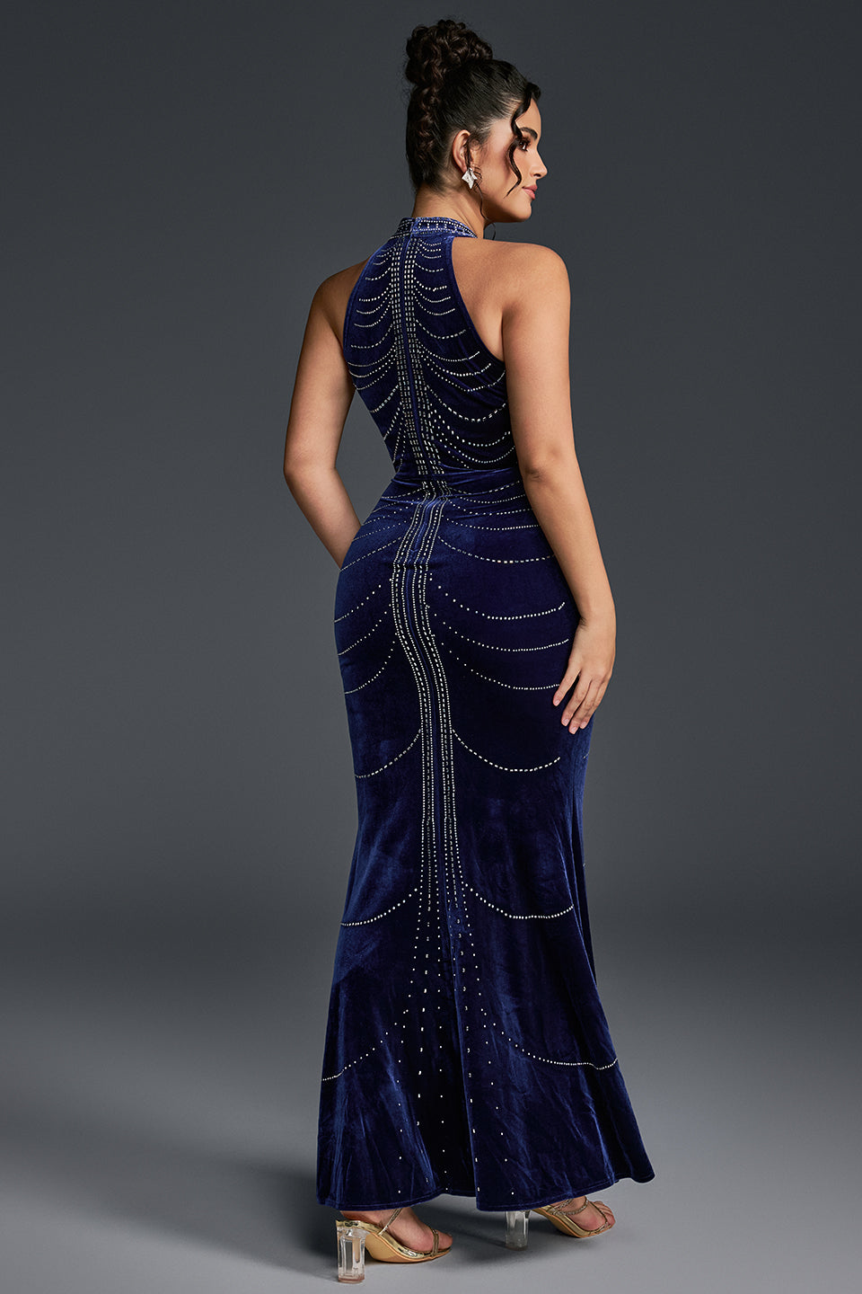 Curveins Plus Size Spaghetti Strap Sleeveless Chain Waist Bodycon Velvet Maxi Dress