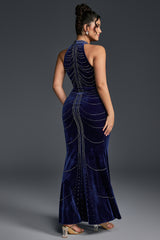 Curveins Plus Size Spaghetti Strap Sleeveless Chain Waist Bodycon Velvet Maxi Dress