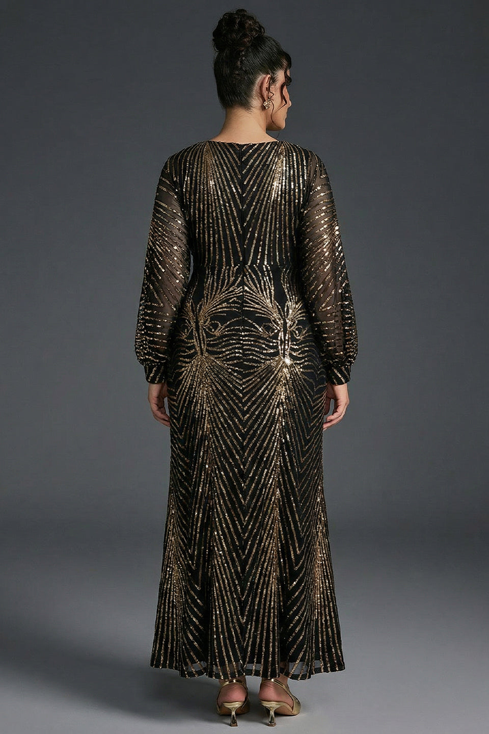 Curveins Plus Size Elegant V-Neck Sequin Lantern Sleeve Long Dress