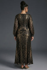 Curveins Plus Size Elegant V-Neck Sequin Lantern Sleeve Long Dress