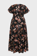 Curveins Plus Size V Neck Batwing Sleeve Floral Print Flowing Maxi Dress
