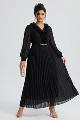 Curveins Plus Size Elegant Black V-Neck Pleated Maxi Dress with Crystal Belt