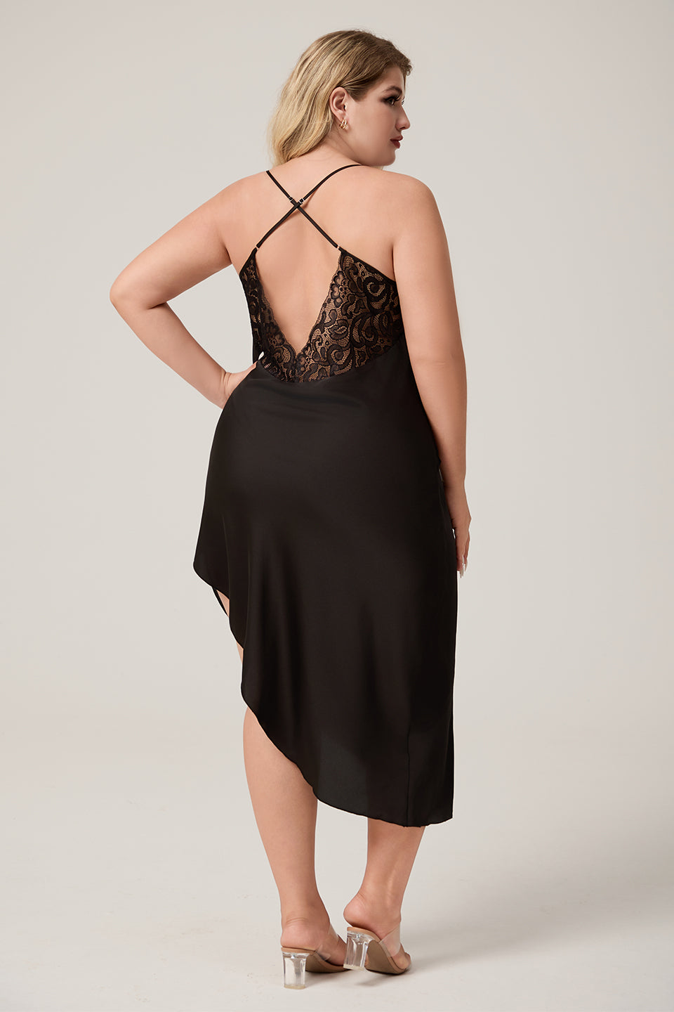 Curveins Plus Size Spaghetti Strap Sleepwear with Lace Top and Slanted Hem, Chic Feminine Nightwear
