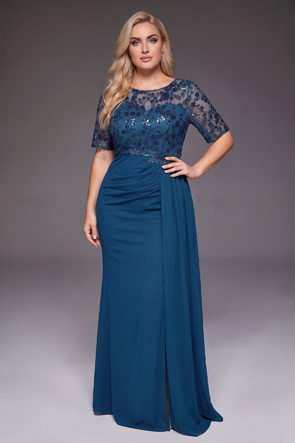 Curveins Plus Size Crew Neck Short Sleeve Sequin Panelled Side Ribbon Elegant Maxi Dress