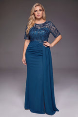 Curveins Plus Size Crew Neck Short Sleeve Sequin Panelled Side Ribbon Elegant Maxi Dress