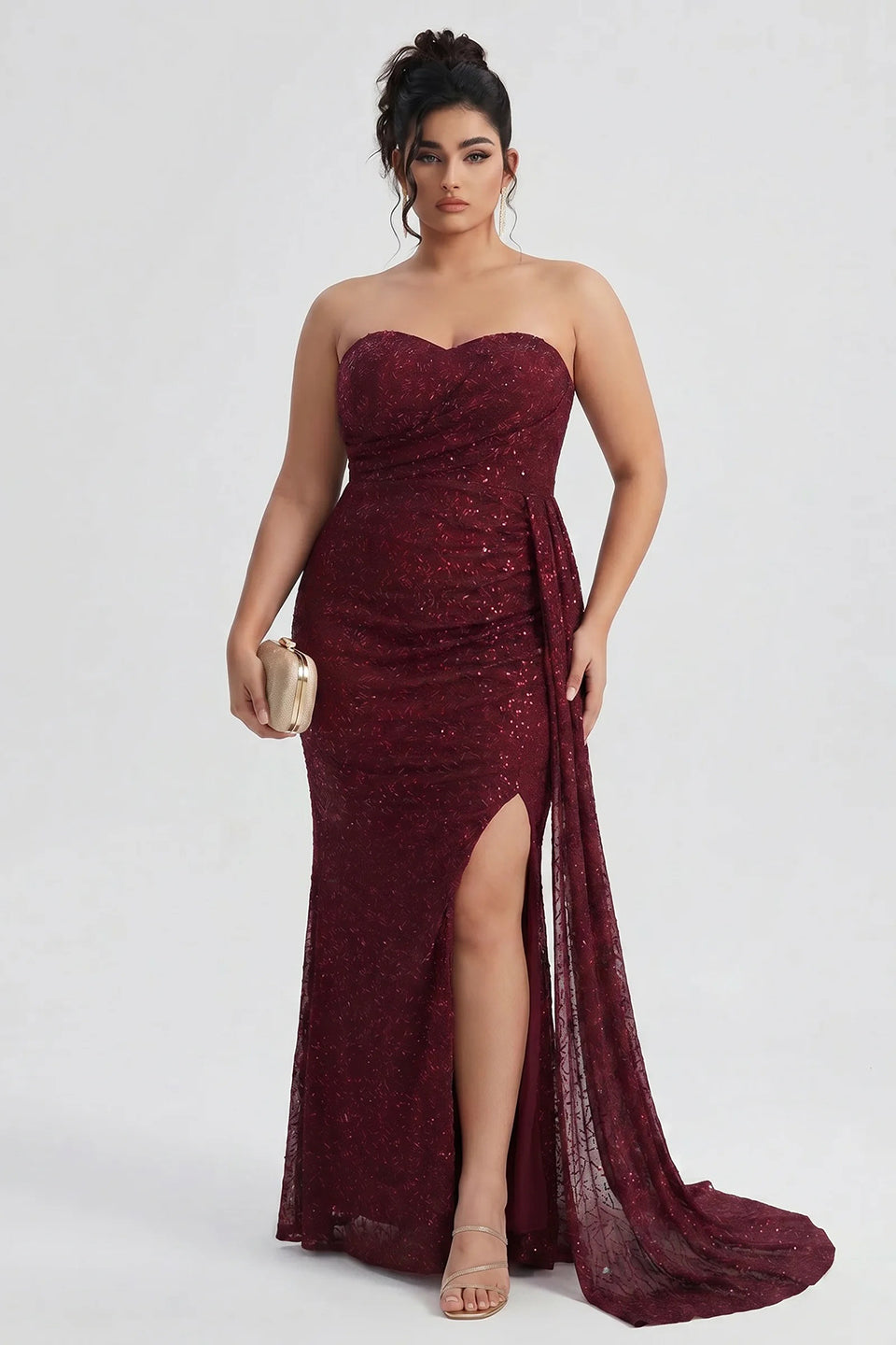Curveins Plus Size Strapless Sequin Side Sash High Slit Elegant Maxi Dress