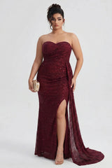 Curveins Plus Size Strapless Sequin Side Sash High Slit Elegant Maxi Dress