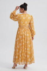 Curveins Plus Size V Neck Puff Sleeve Floral Print Ruched Waist Feminine Maxi Dress